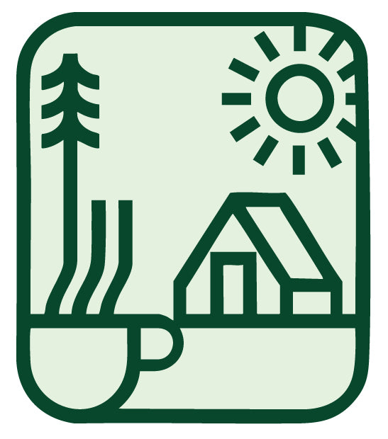 Camp Coffee Shop Logo with a cabin trees, coffee cup, and sun on a light green background