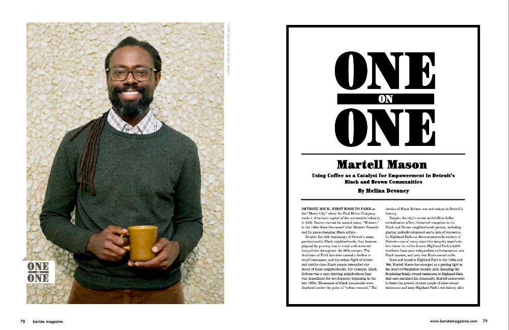 Magazine layout with Martell Mason holding a mug on the left and text on the right.