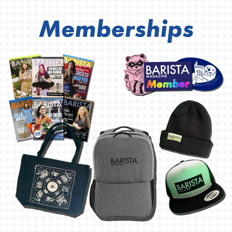 Barista Magazine Membership with examples of merch including tote bag, backpack, stickers, magazines, and hats.