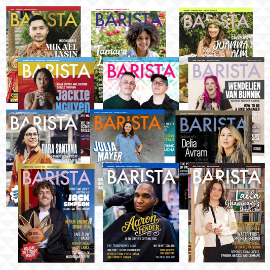 Collage of 'Barista' magazine covers featuring various individuals.