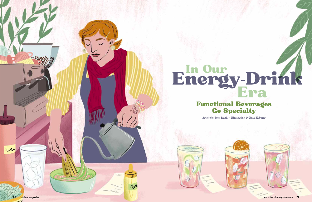 Illustration of a person making a drink with energy drinks in the era of functional beverages.