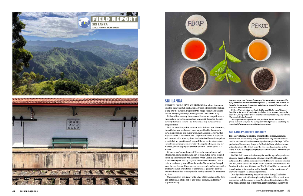 Magazine spread with Sri Lanka coffee field report and coffee tasting chart.