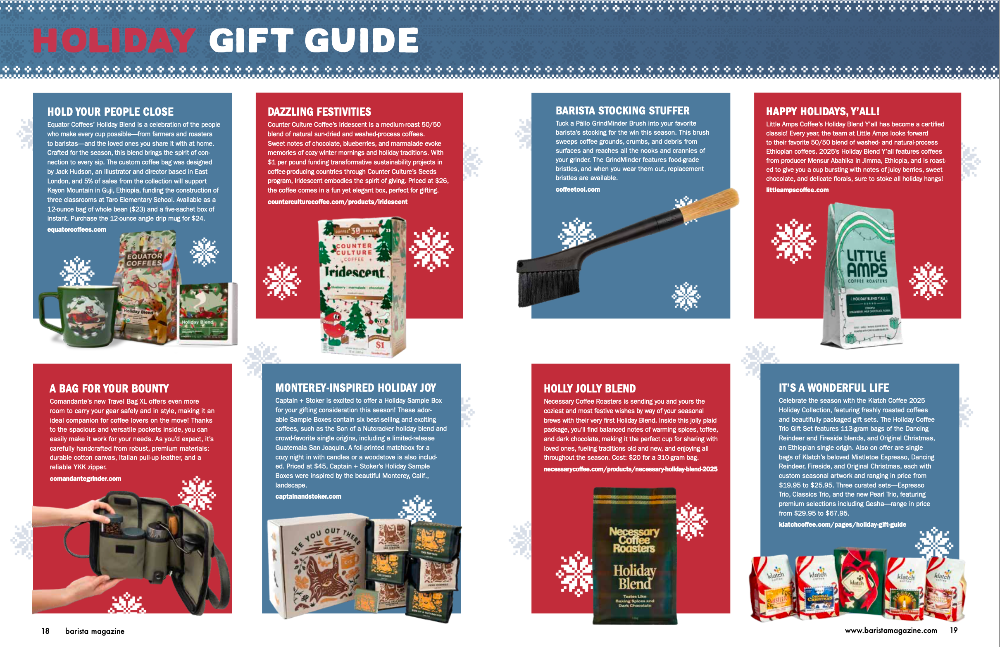 Holiday gift guide with product images and descriptions on a magazine page.