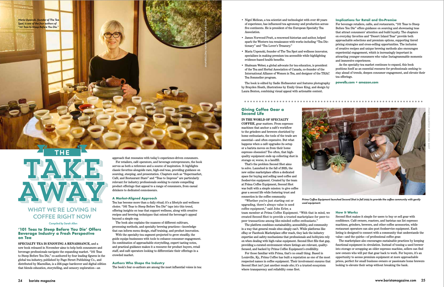 Magazine spread with a woman at a coffee table and text about tea