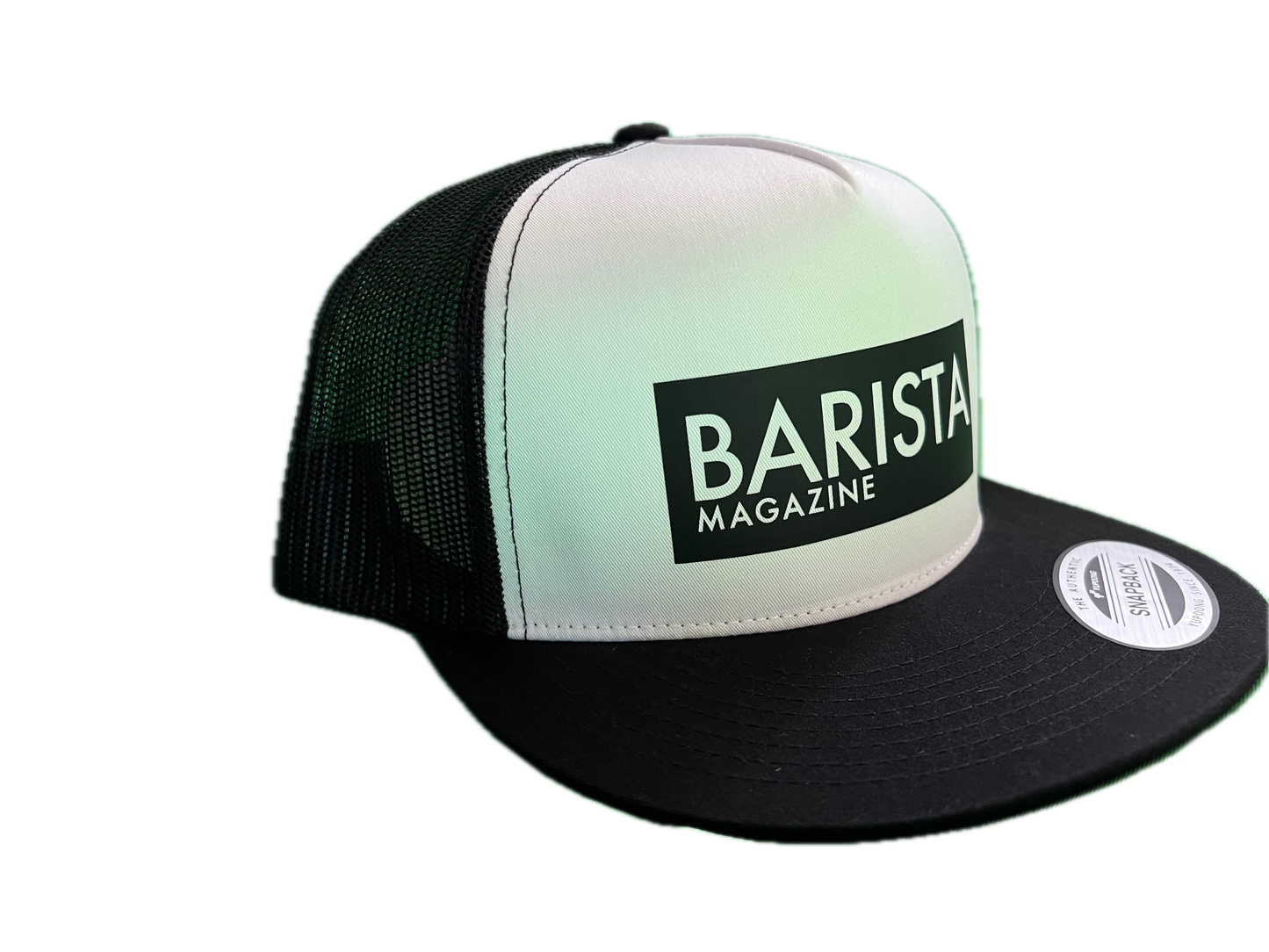 Trucker hat with 'Barista Magazine' logo on a white background