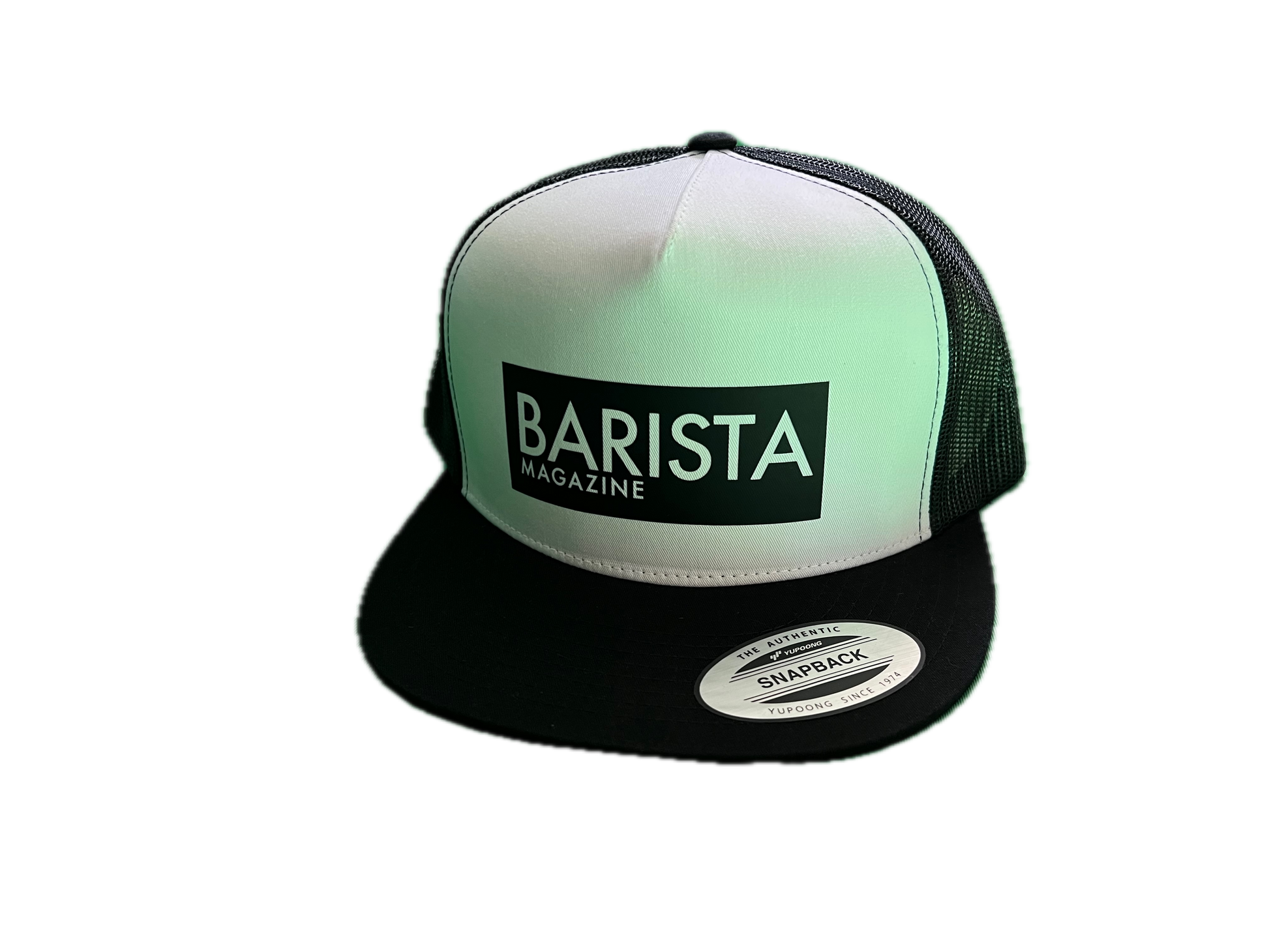 Trucker hat with 'Barista Magazine' logo on a white background