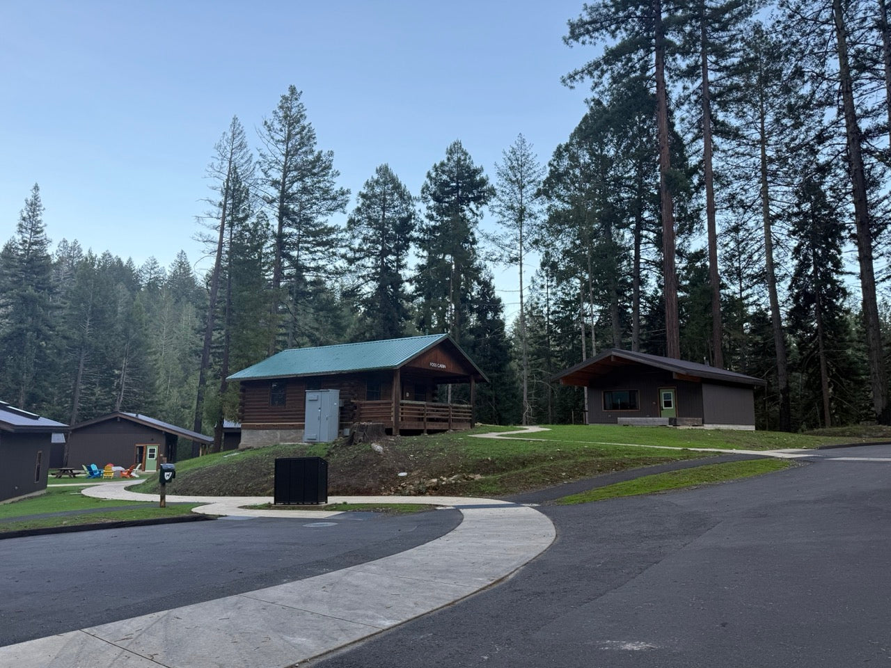 Wooden cabins in a forest setting with clear skies