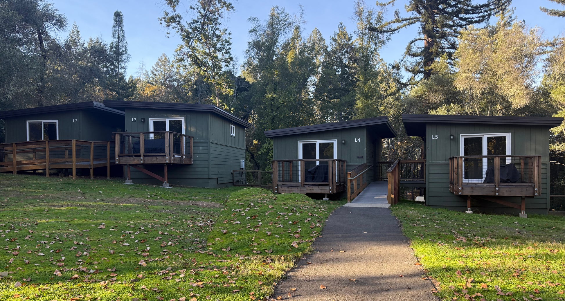 Three green Lakeside cabins with wooden decks in a forested area