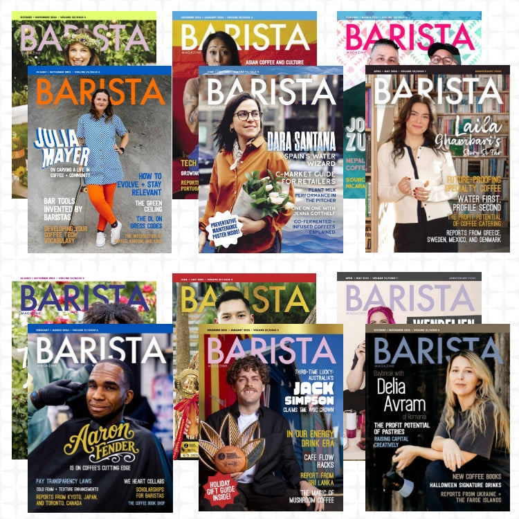 Collection of Barista magazine covers featuring various individuals on a white background