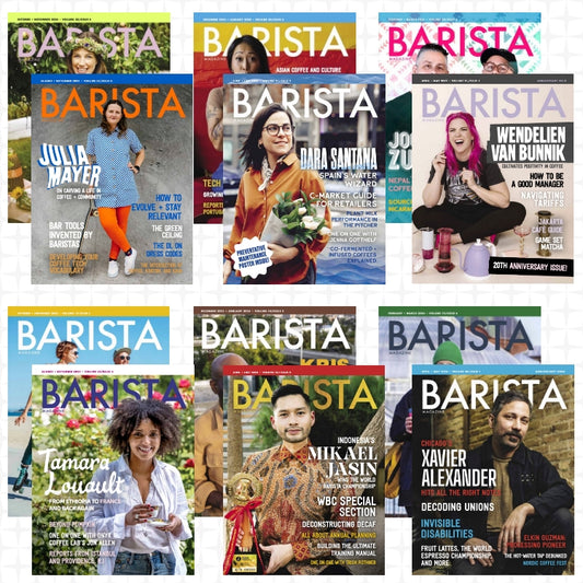 Collection of the last two years of Barista magazine covers featuring various individuals from the specialty coffee industry.