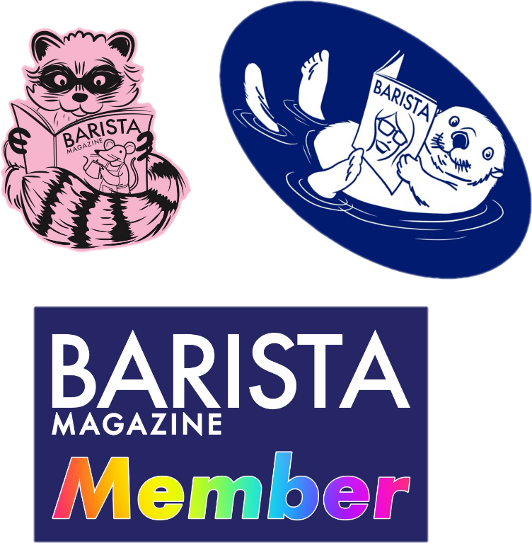 Sticker three-pack with raccoon, otter and Barista Magazine member stickers.