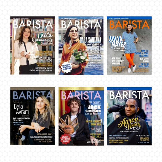 Collection of Barista magazine covers featuring various individuals on a white background