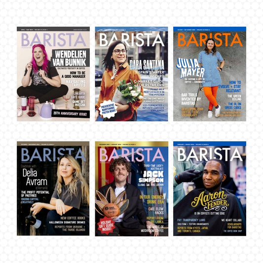 Collection of Barista magazine covers featuring different individuals on a white background