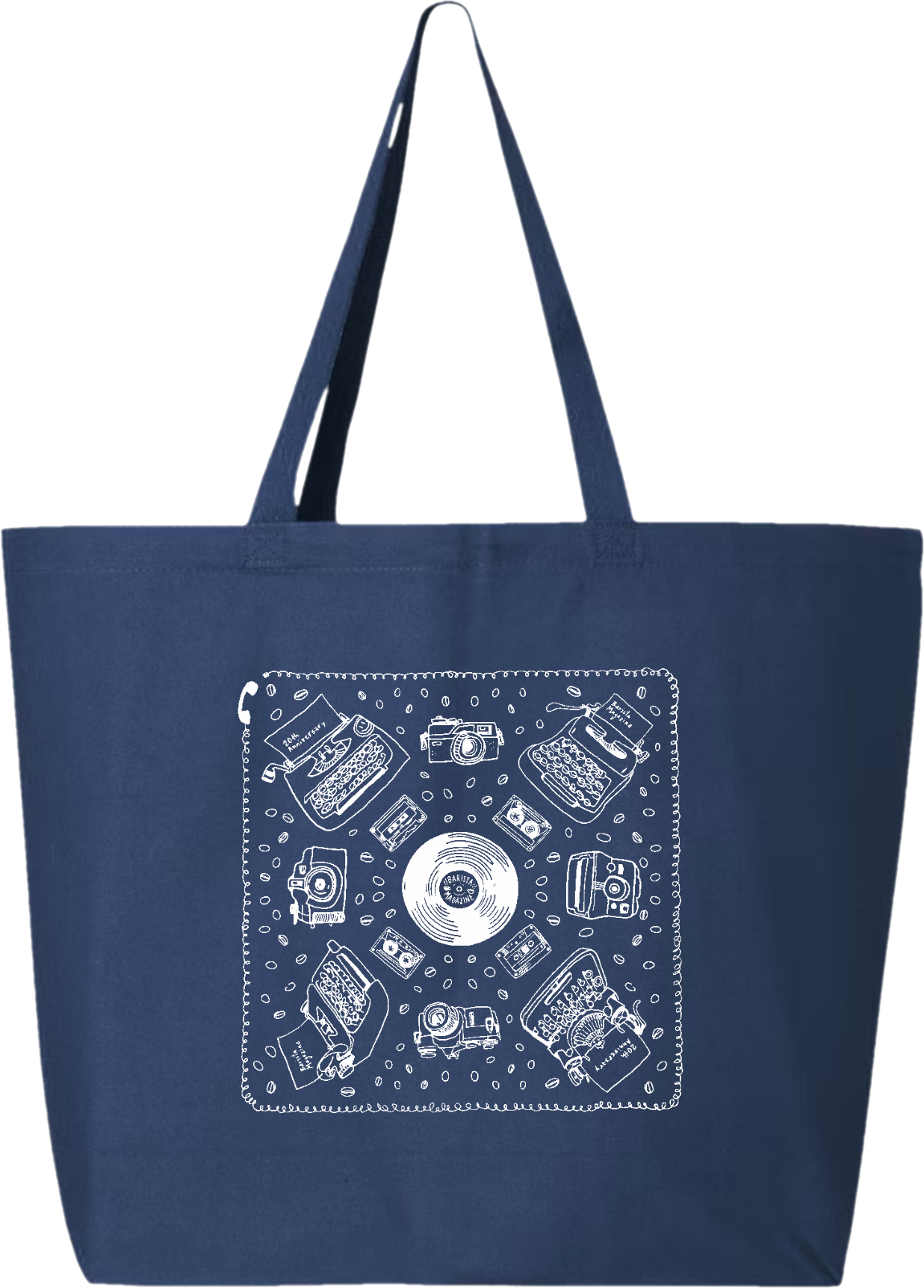 Navy blue tote bag with white graphic Barista Magazine 20th Anniversary design on a white background