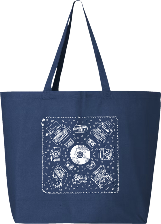 Navy blue tote bag with white graphic Barista Magazine 20th Anniversary design on a white background