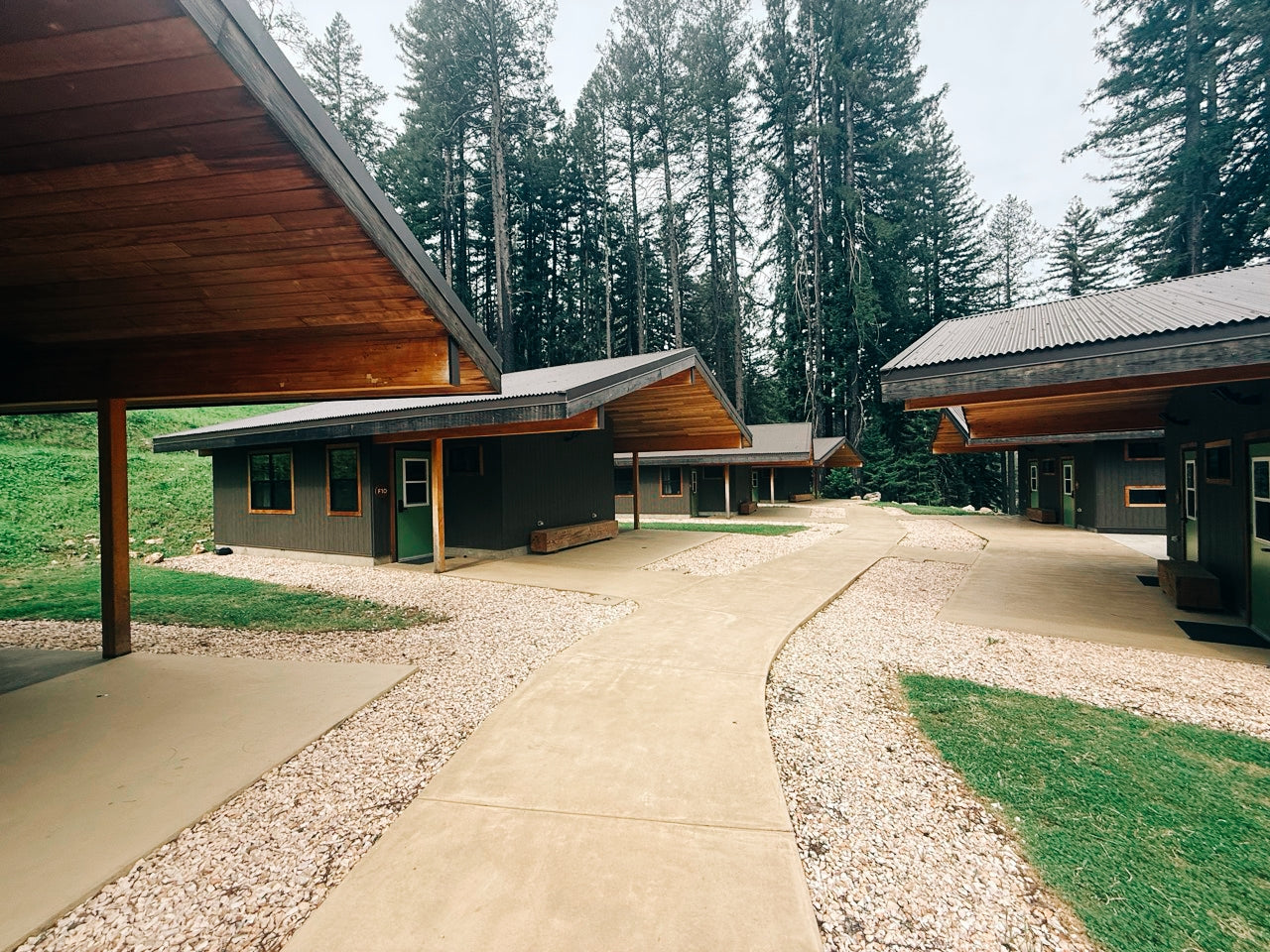 Bunkhouses in a forest setting with a pathway leading to them.