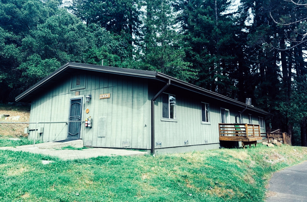 Wooden Lodge in a forested area with a small deck and visible door.