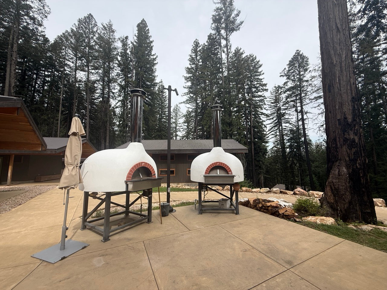 Two outdoor pizza ovens on a patio with trees in the background